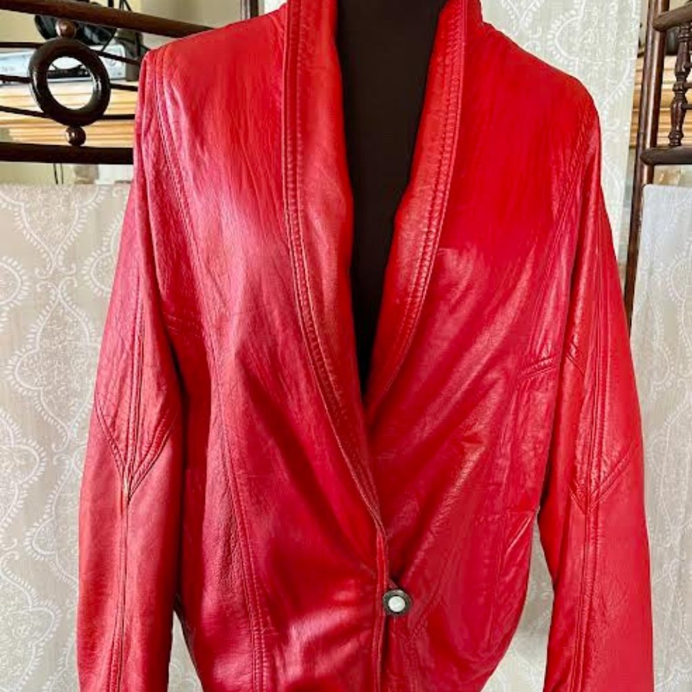 Luscious Cherry Red Leather "la nouvelle Renaissance" Bomber Jacket. Medium.